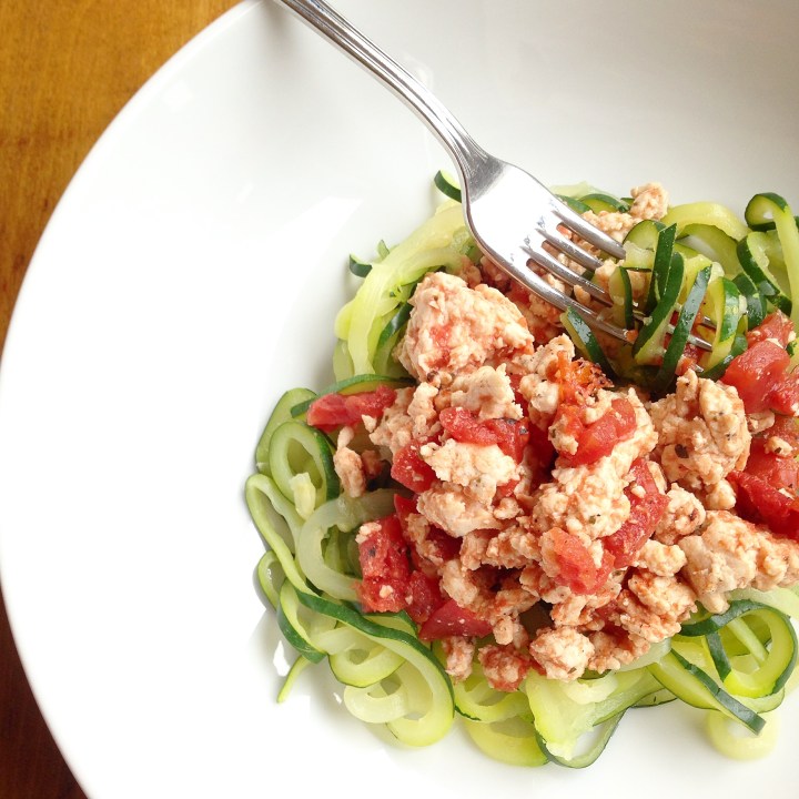 Zucchini zoodles with ground chicken and fire roasted&nbsp;tomatoes