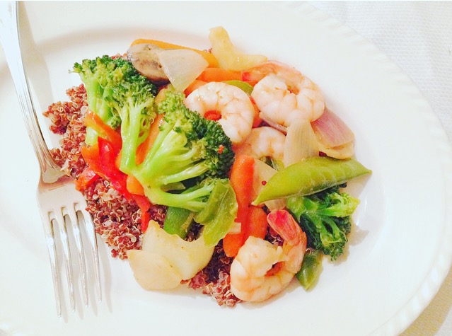 Shrimp stir fry over red&nbsp;quinoa