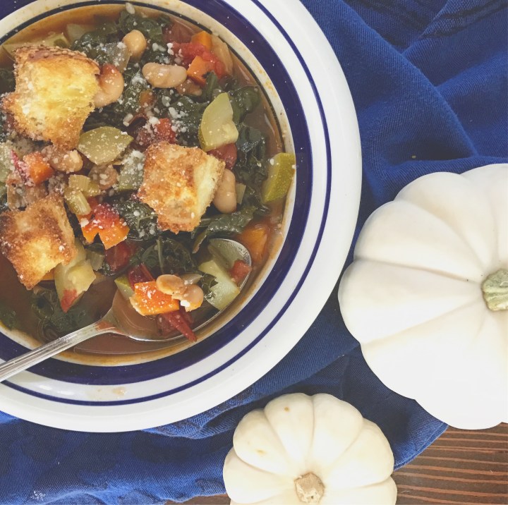 Veggie soup with homemade Parmesan&nbsp;croutons