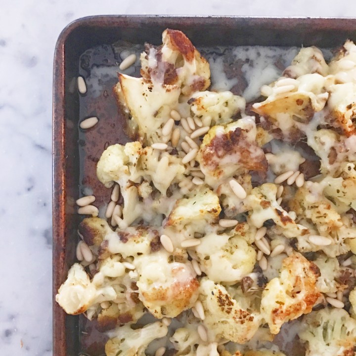 Roasted cauliflower with gruyere cheese and pine&nbsp;nuts