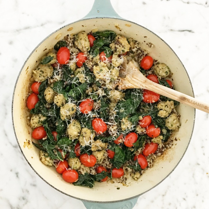 ONE PAN quinoa, kale and chicken sausage skillet
