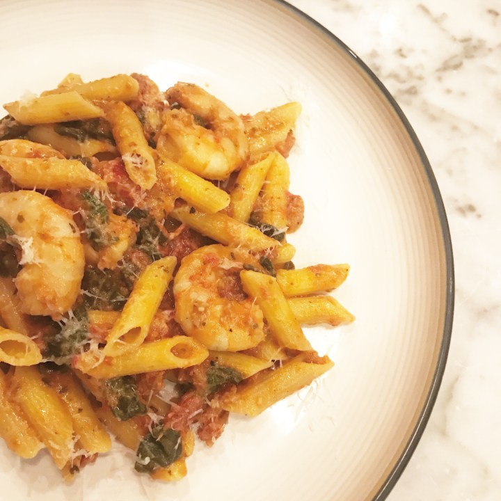 GF Pasta with sundried tomatoes, fresh spinach, mascarpone cheese and jumbo&nbsp;shrimp!