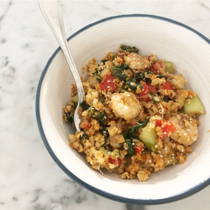 Healthy shrimp “fried rice” with bok Choy and red bell peppers