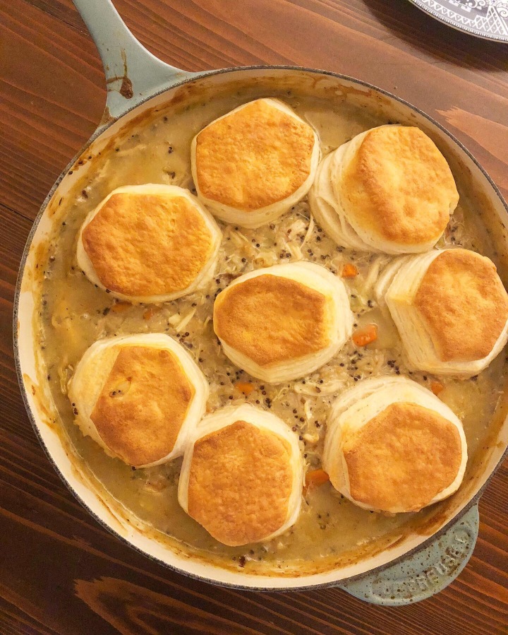 Creamy chicken and rice with flaky biscuits