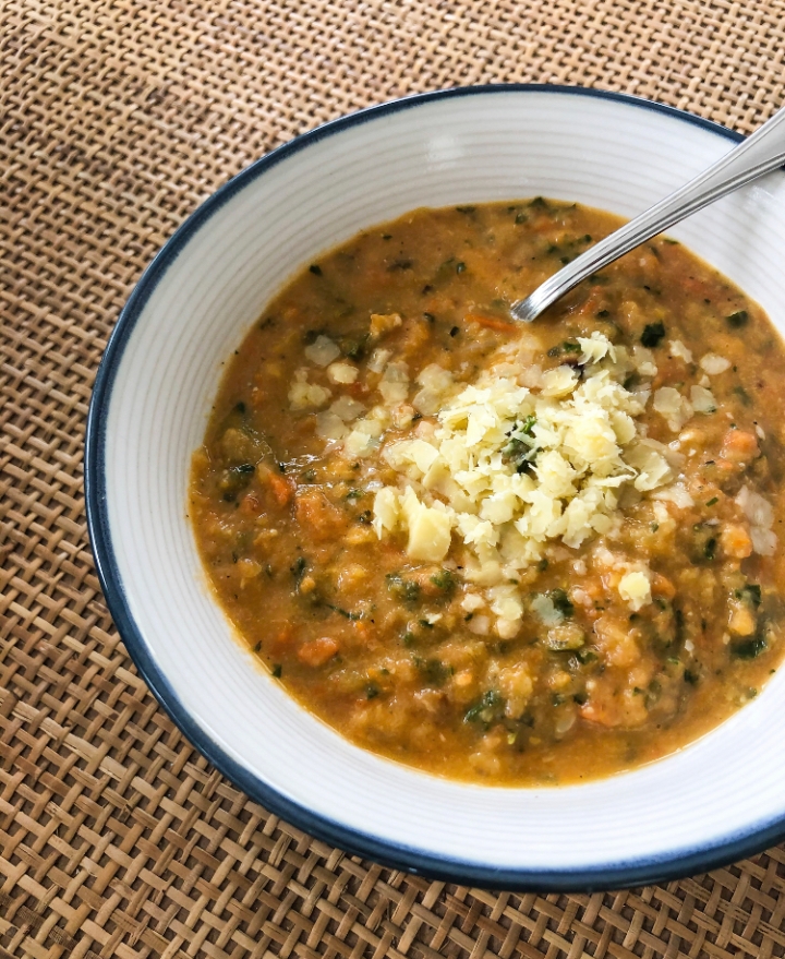 Roasted veggie soup with sharp cheddar